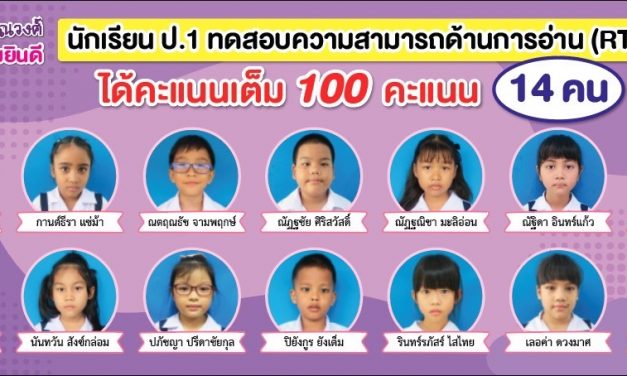 ขอแสดงความยินดี นักเรียน ป.1 ทดสอบความสามารถด้านการอ่าน (RT) ปี 2566 ได้คะแนนเต็ม 100 คะแนน